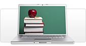 An open laptop displaying a stack of books crowned with an apple